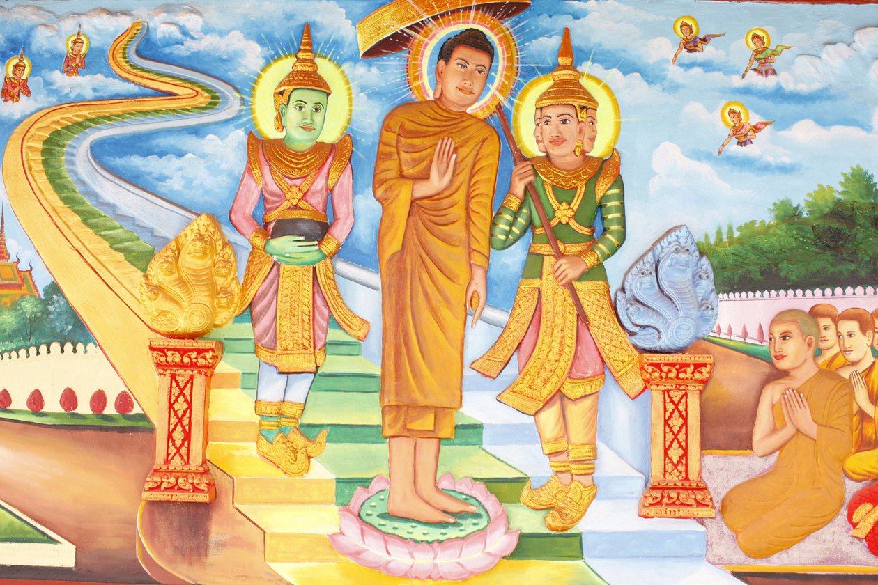 Preah Prom Rath MonasteryLife of the BuddhaBuddha besøker himmelen og møter gudene Indra og Brahma, Siem Reap, Kambodsja av Unbekannt