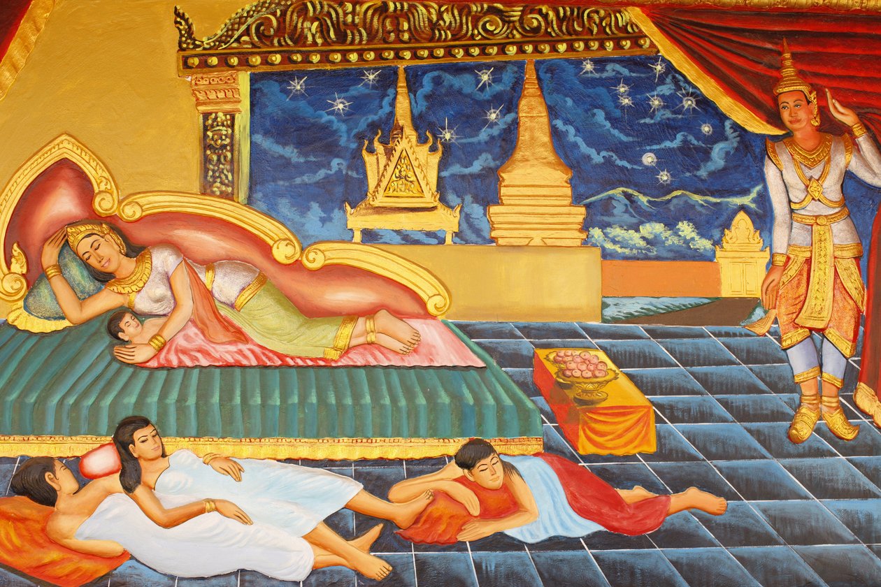 Preah Prom Rath Monastery Life of the Buddha I en periode vendte prinsen tilbake til palasslivet, men han hadde ingen glede av det. Selv nyheten om at kona Yasodhara hadde født en sønn gledet ham ikke. Barnet ble kalt Rahula, Siem Reap, Kambodsja av Unbekannt