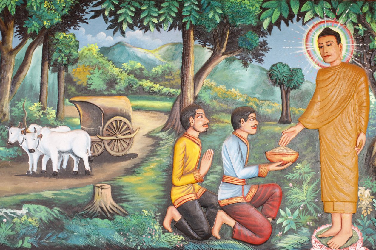 Preah Prom Rath MonasteryLife of the BuddhaSiddhartha Gautama mottok mat gitt av to brahmaner, Siem Reap, Kambodsja av Unbekannt