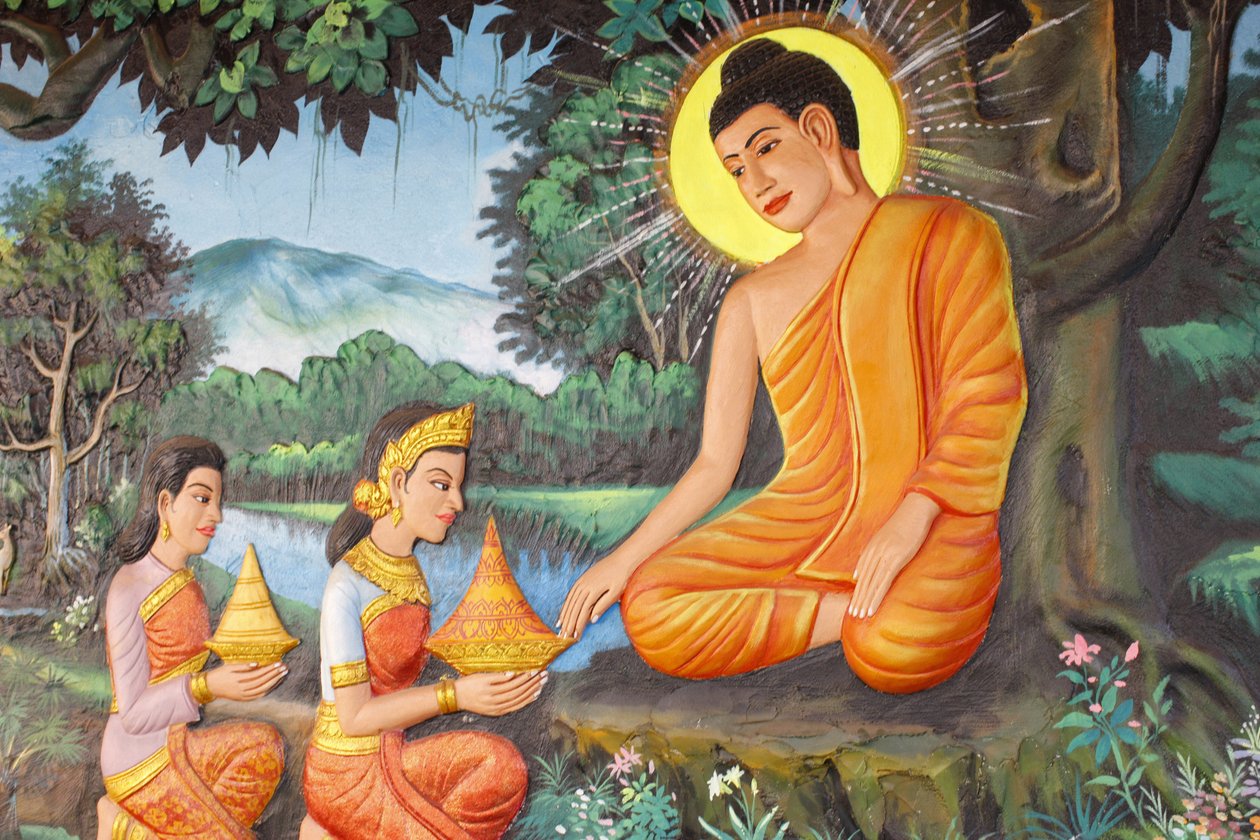 Preah Prom Rath MonasteryLife of the BuddhaThe RenunciationEn morgen tilbød en jente ved navn Sujata Siddhartha deilig melk-risgrøt, Siem Reap, Kambodsja av Unbekannt