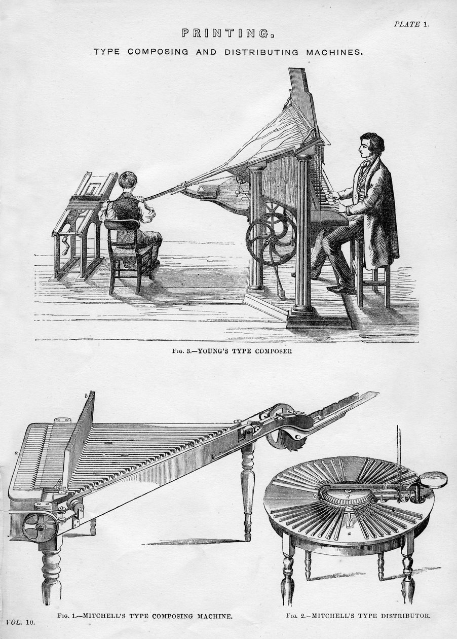 Trykke-, typekomponerings- og distribusjonsmaskiner, 1800- eller 1900-tallet av Unbekannt