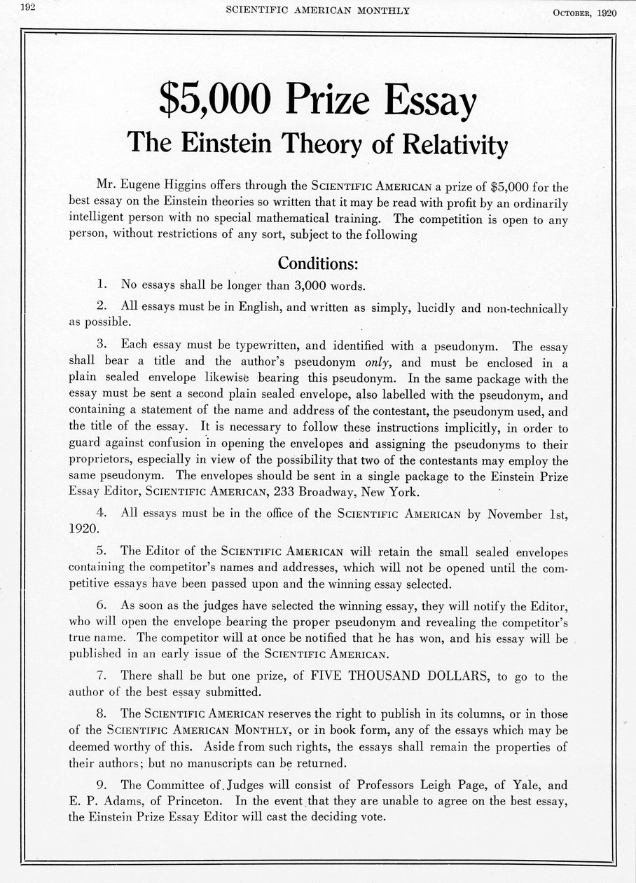 Pris gitt i Scientific American, oktober 1920, for et essay om Einsteins relativitetsteori av Unbekannt