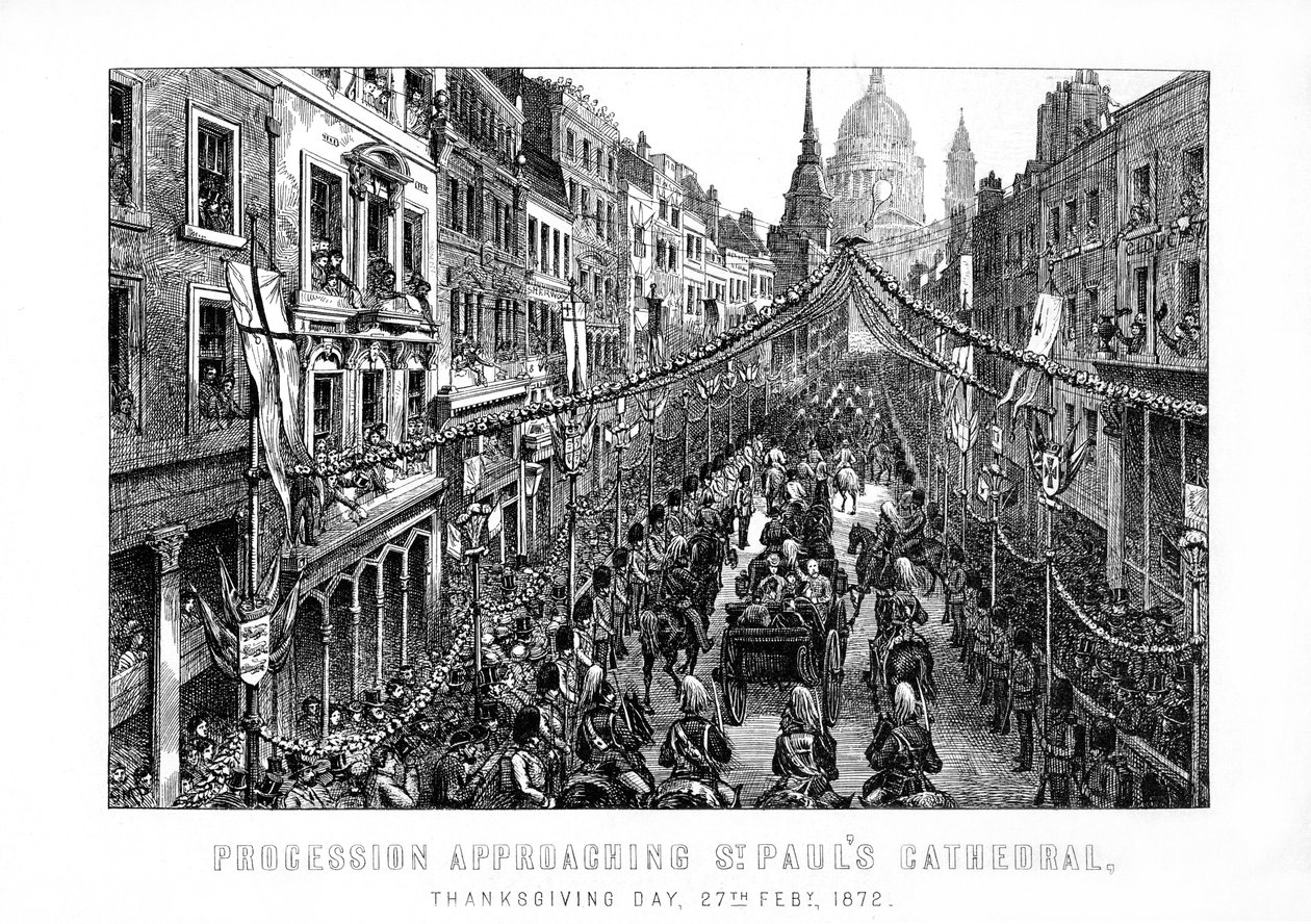 Prosesjon nærmer seg St Pauls Cathedral, Thanksgiving Day, 27. februar, 1872, 1899 av Unbekannt