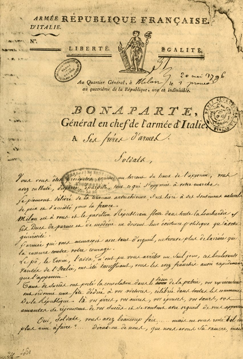 Erklæring av Napoleon til sine våpenbrødre, 20. mai 1796, 1921. av Unbekannt