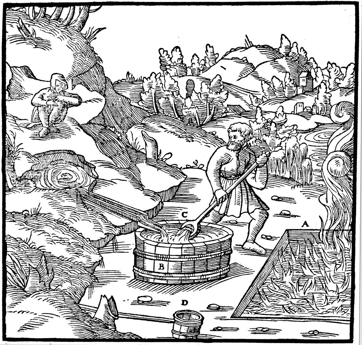 Produsere salt ved å fordampe naturlig saltlake ved å helle den i en grop med brennende kull, 1556 av Unbekannt