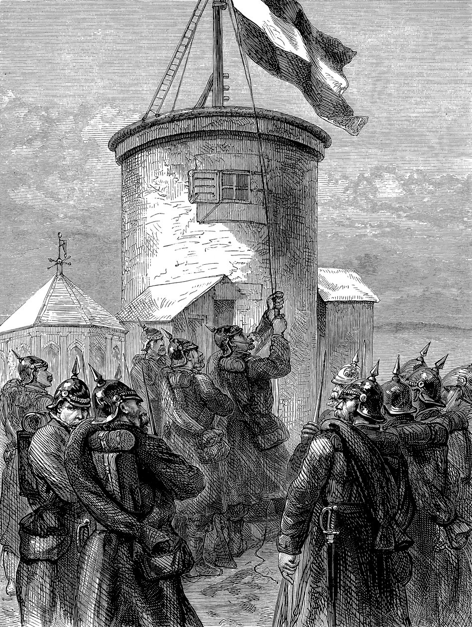 Preussiske tropper heiser flagget sitt ved Valerien, fransk-prøyssisk krig, 1870-1871 c1880 av Unbekannt