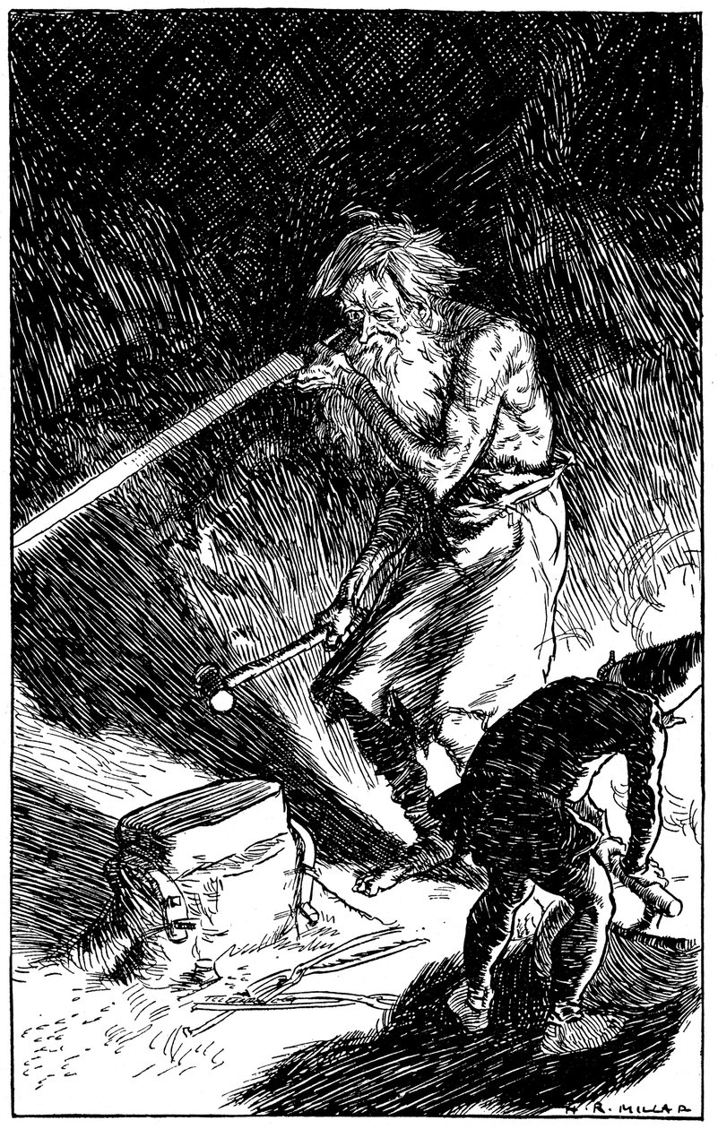 Puck hjelper Wayland, Smith of the Gods, med å smi et sverd, 1909 av Unbekannt