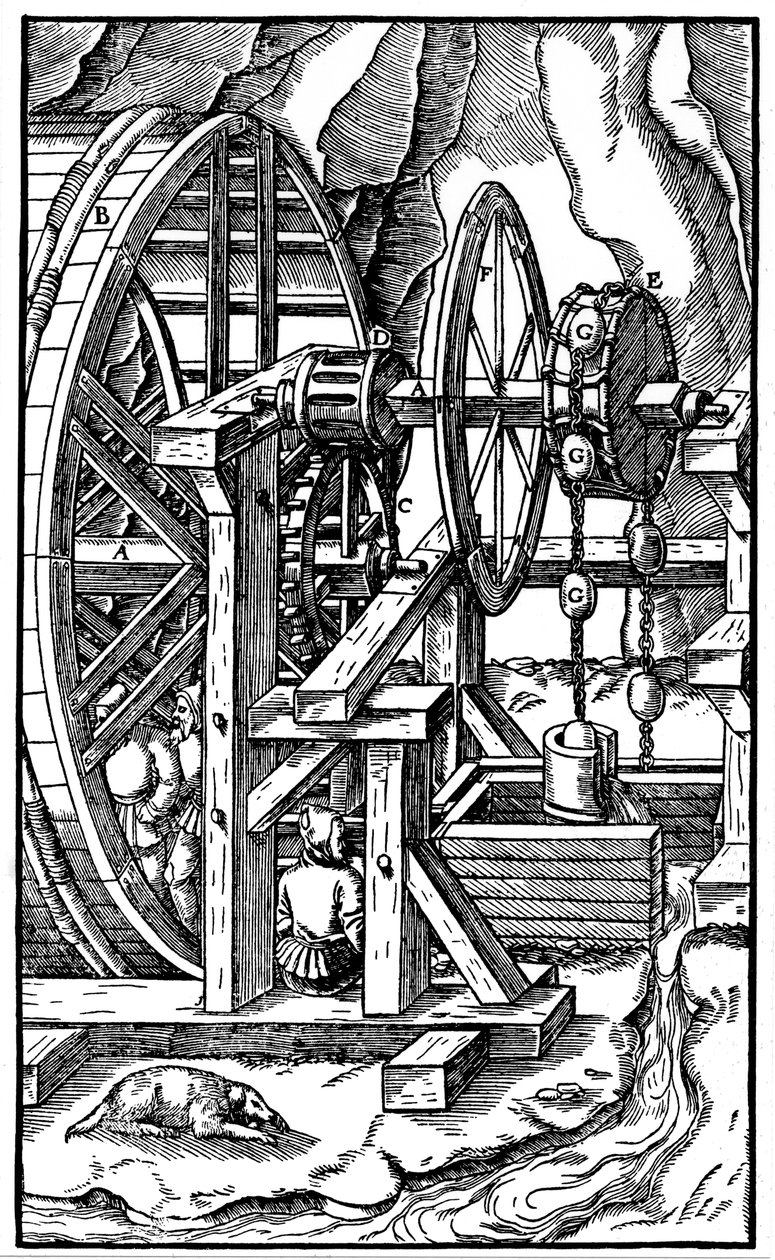 Pumpe drevet av menn i en tredemølle, 1556 av Unbekannt