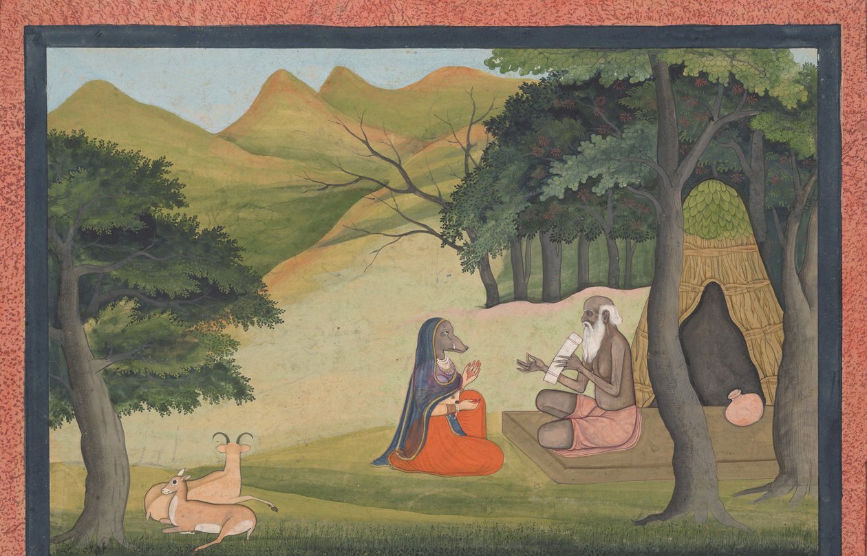 Dronning Choladevi før eremitten-vismannen Angiras... fra en spredt Vrataraja..., ca. 1790. av Unbekannt