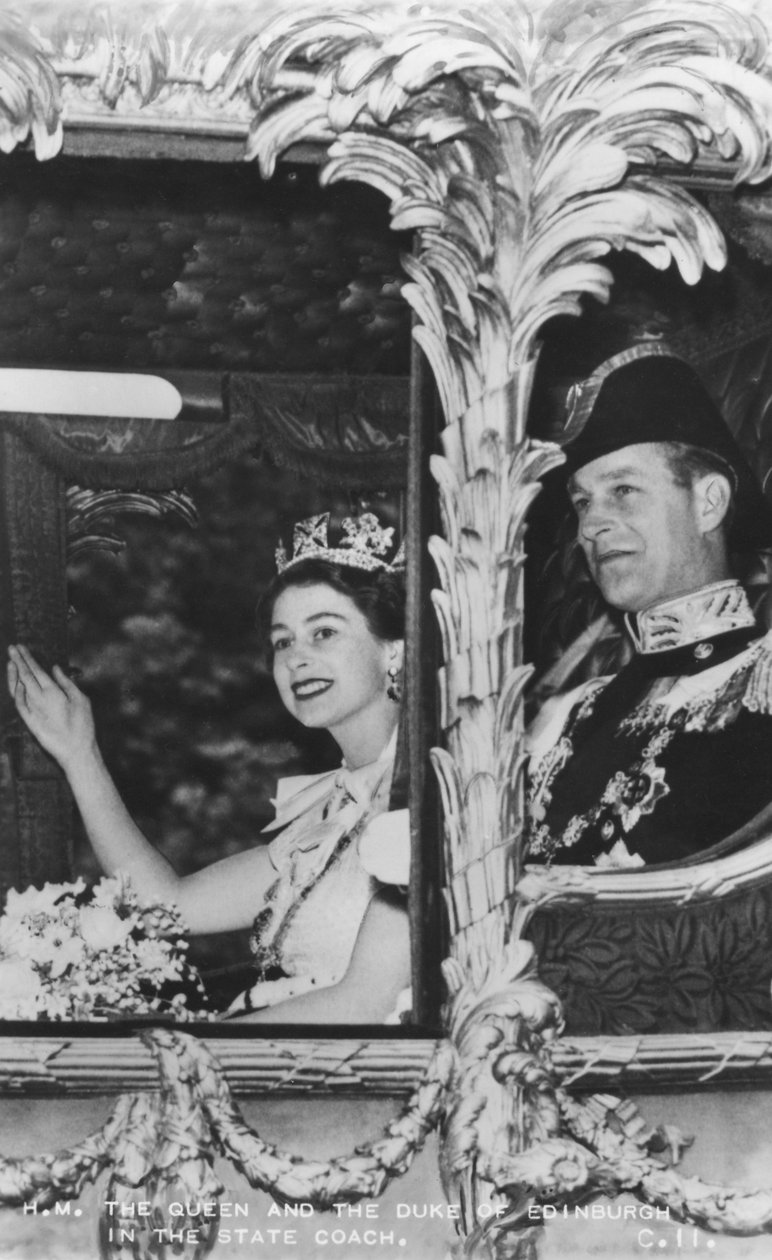 Dronning Elizabeth II og hertugen av Edinburgh i statstreneren, The Coronation, 2. juni 1953 av Unbekannt