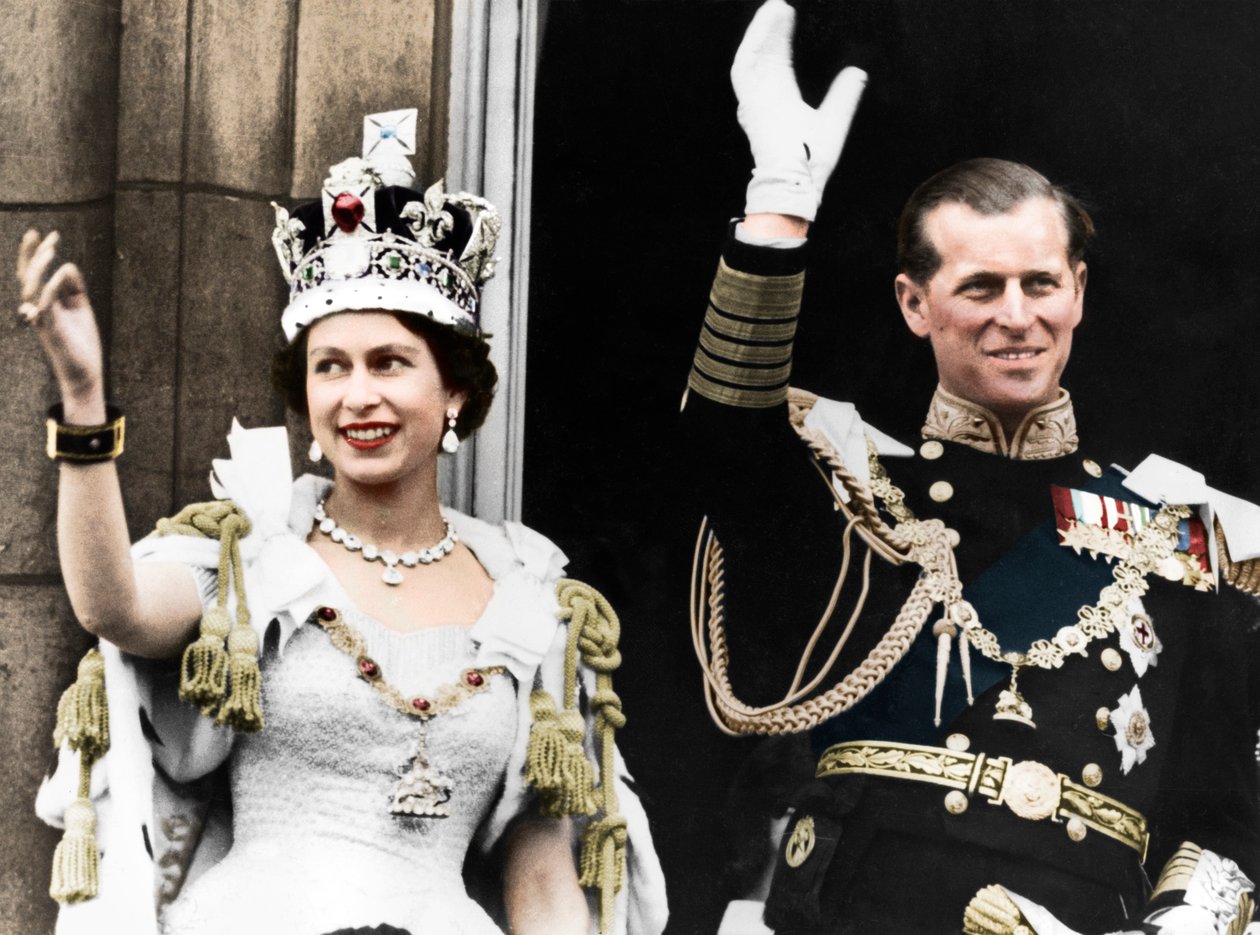 Dronning Elizabeth II og hertugen av Edinburgh på deres kroningsdag, Buckingham Palace, 1953 av Unbekannt