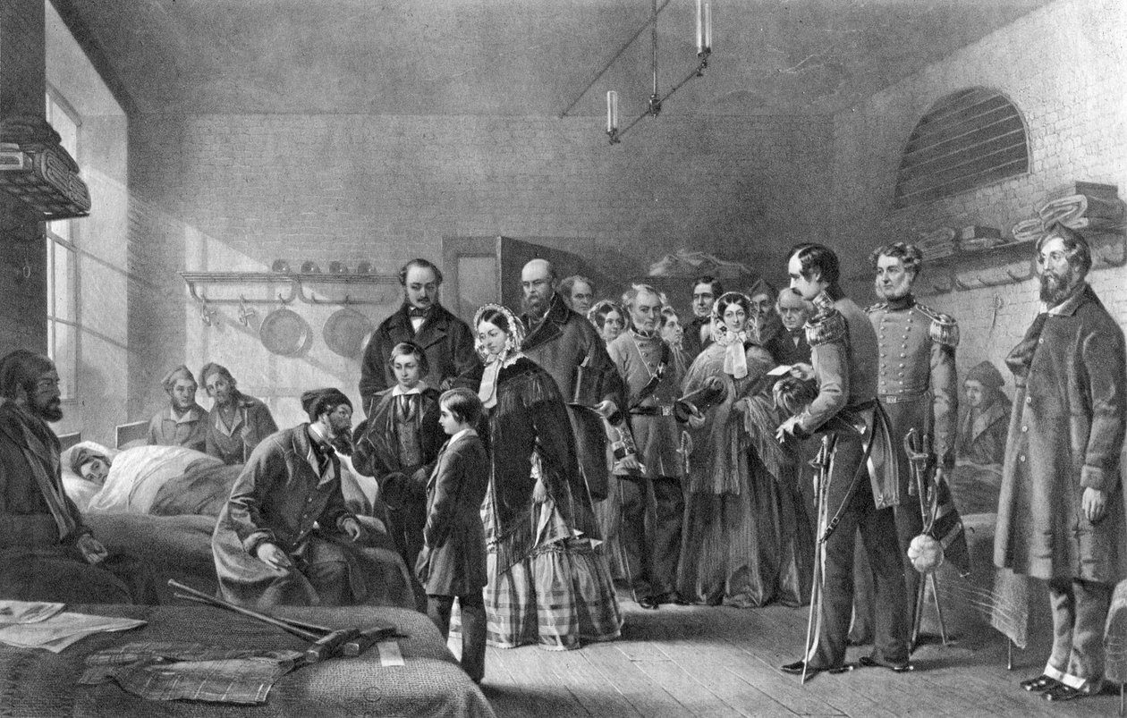 Dronning Victoria 1819-1901 på besøk hos sårede soldater, 1800-tallet av Unbekannt