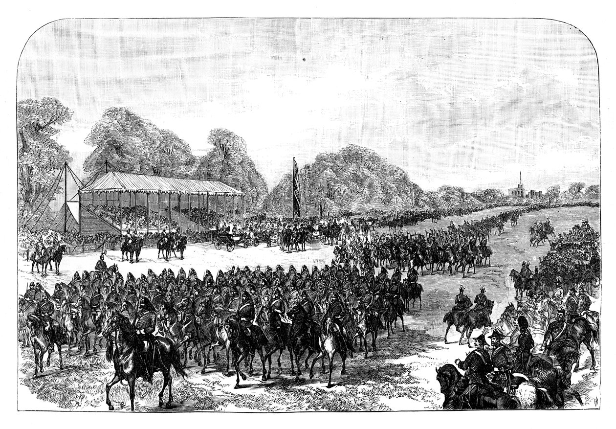 Dronning Victoria gjennomgår frivillige i Great Park, Windsor, Berkshire, sent på 1800-tallet av Unbekannt