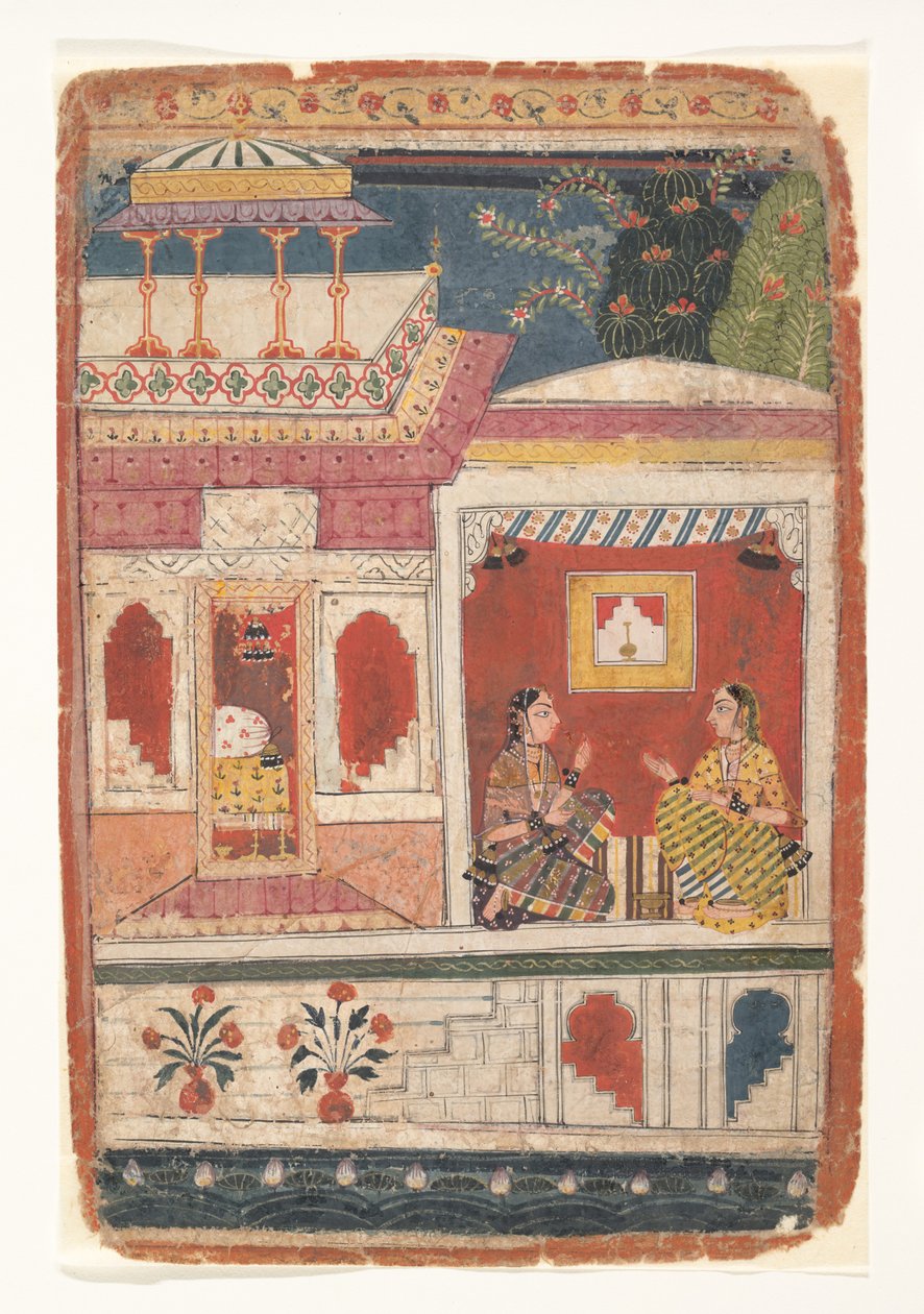 Radha og hennes fortrolige sitter i et åpent rom: Side fra en spredt Rasikapriya, ca. 1680-90. av Unbekannt
