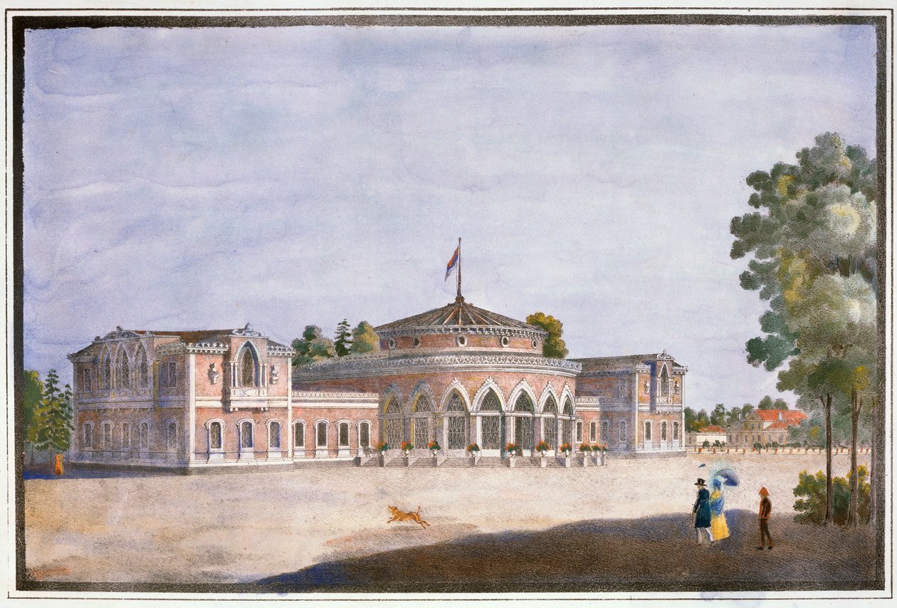 Jernbanestasjon og fransk restaurant i Catharinhof, St. Petersburg, Russland, 1800-tallet av Unbekannt