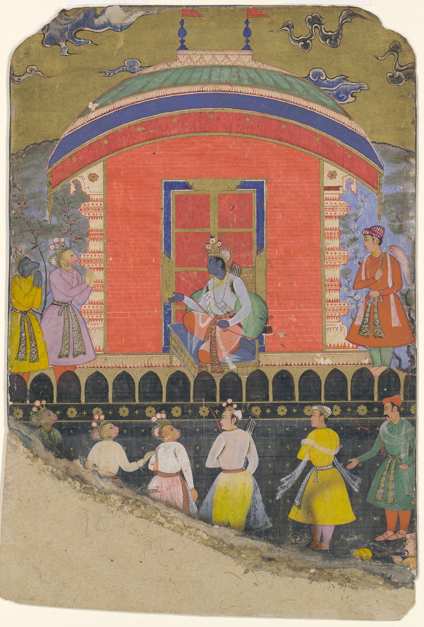 Rama mottar Sugriva og Jambavat, Monkey and Bear Kings, Folio fra..., ca. 1605. av Unbekannt