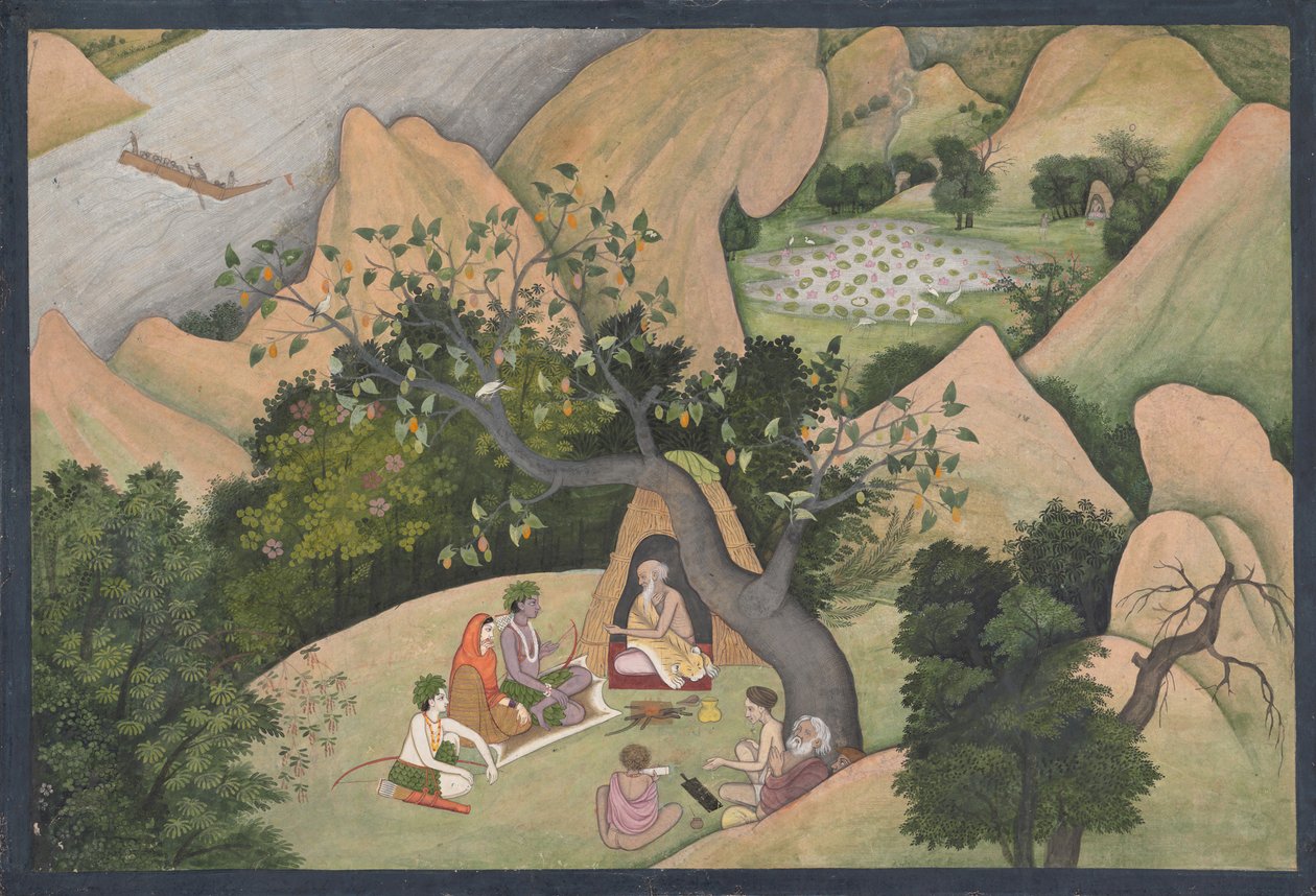 Rama, Sita og Lakshmana ved Hermitage of Bharadvaja: Illustrert folio fra..., ca. 1780. av Unbekannt