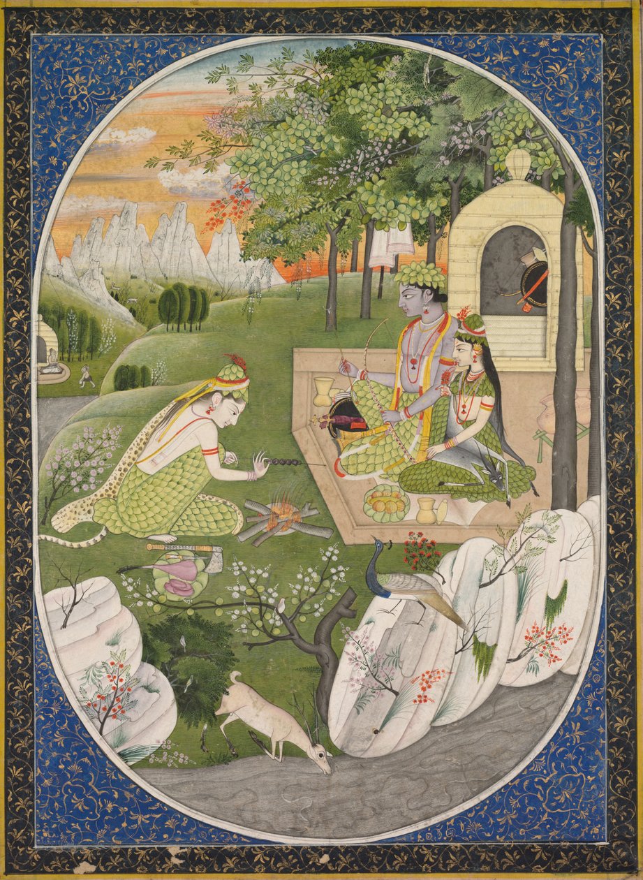 Rama, Sita og Lakshmana i skogen, side fra Ramayana Tales of God Rama, ca. 1830. av Unbekannt