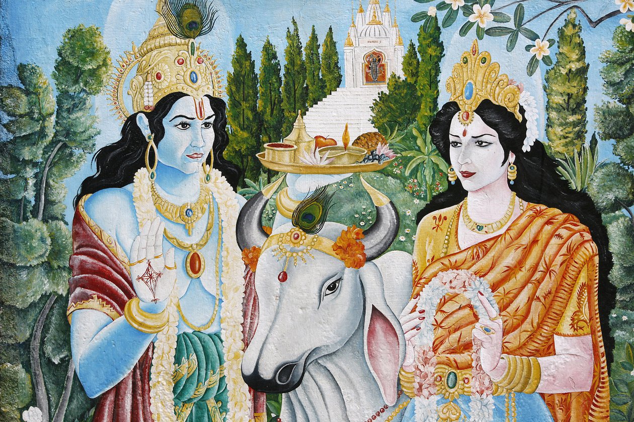Rama, Sita og hellig ku. Rama er den syvende reinkarnasjonen av Vishnu. Pashupatinah, Katmandu, Nepal av Unbekannt
