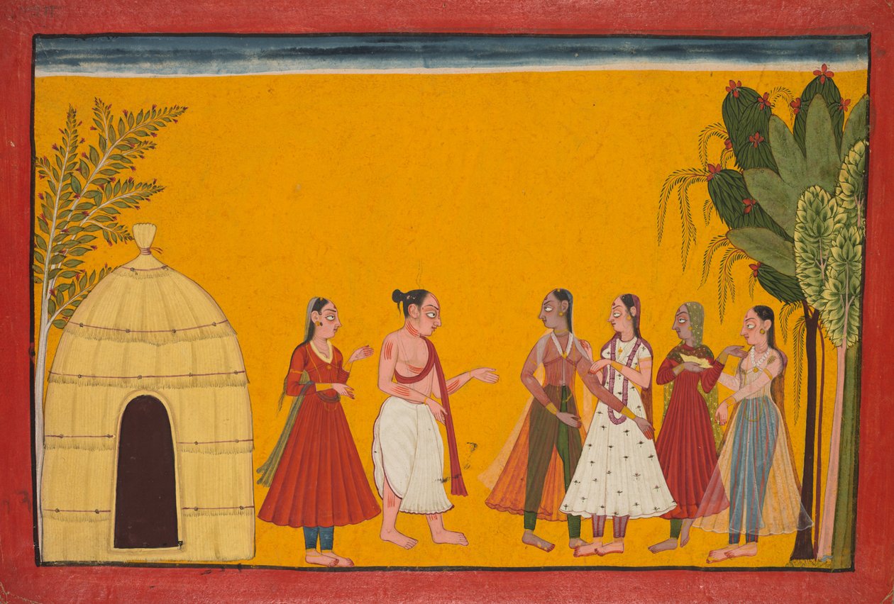 Rama og Sita blir ført til presten for å fikse bryllupsdatoen, side fra Ramayana..., c1700-17 av Unbekannt