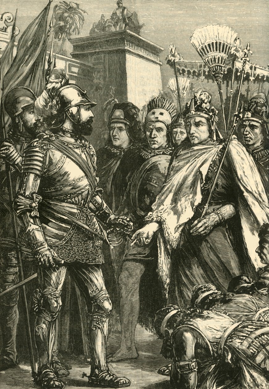 Mottakelse av Cortes av Montezuma, 1519, 1890. av Unbekannt
