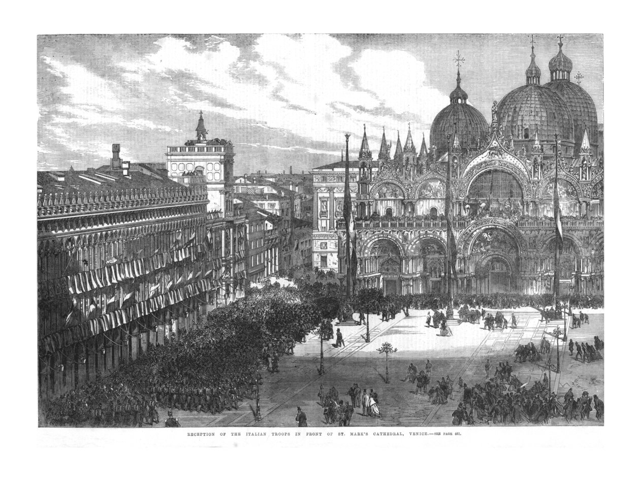 Mottak av de italienske troppene foran St. Marks-katedralen, Venezia, 1866 av Unbekannt