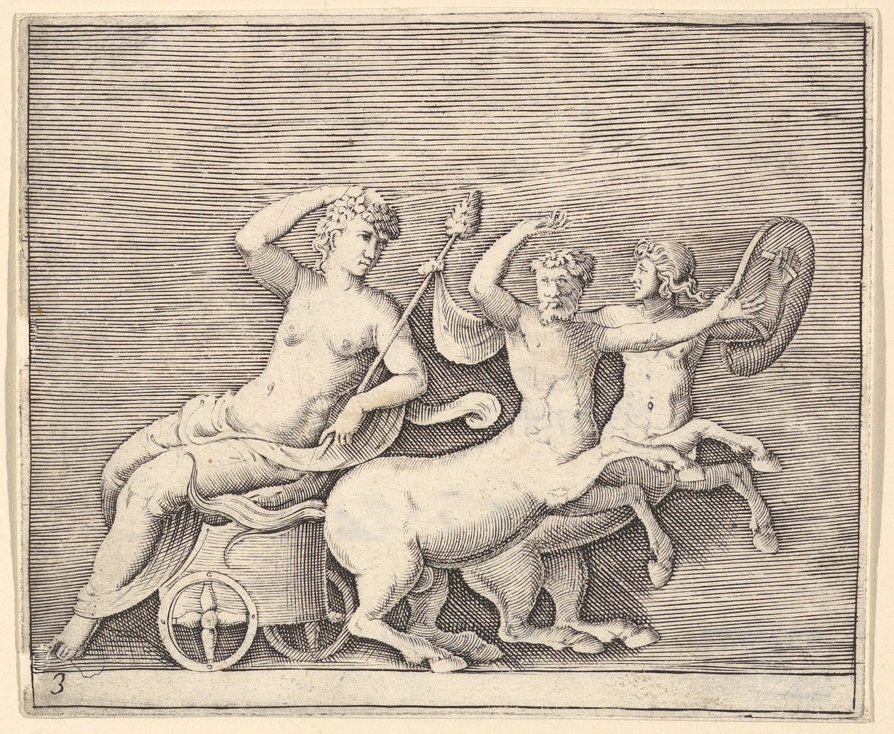 Tilbakelent kvinnefigur på en vogn tegnet av to kentaurer, publisert ca. 1599-1622. av Unbekannt