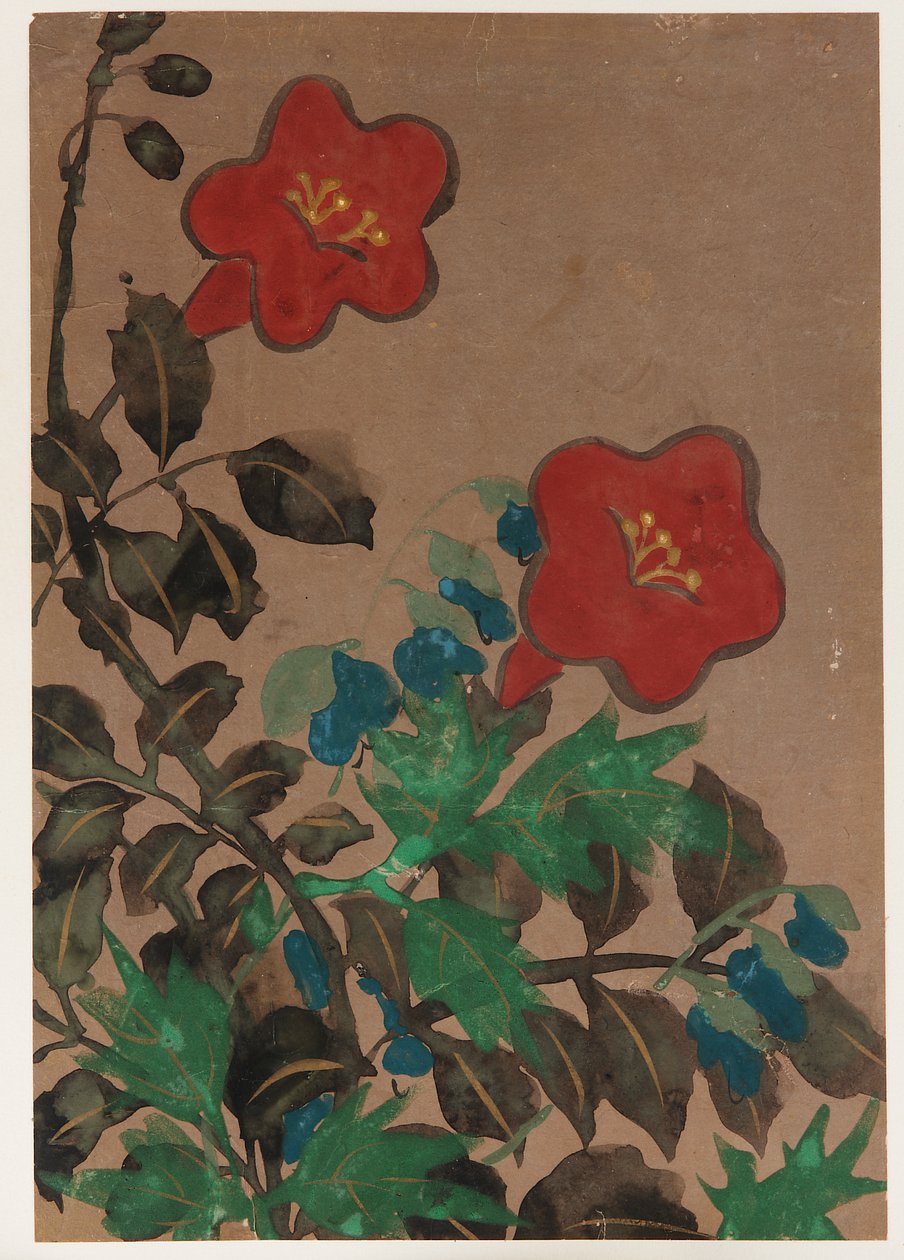 Røde og blå blomster og løvverk, Edo-perioden, 1615-1868. av Unbekannt