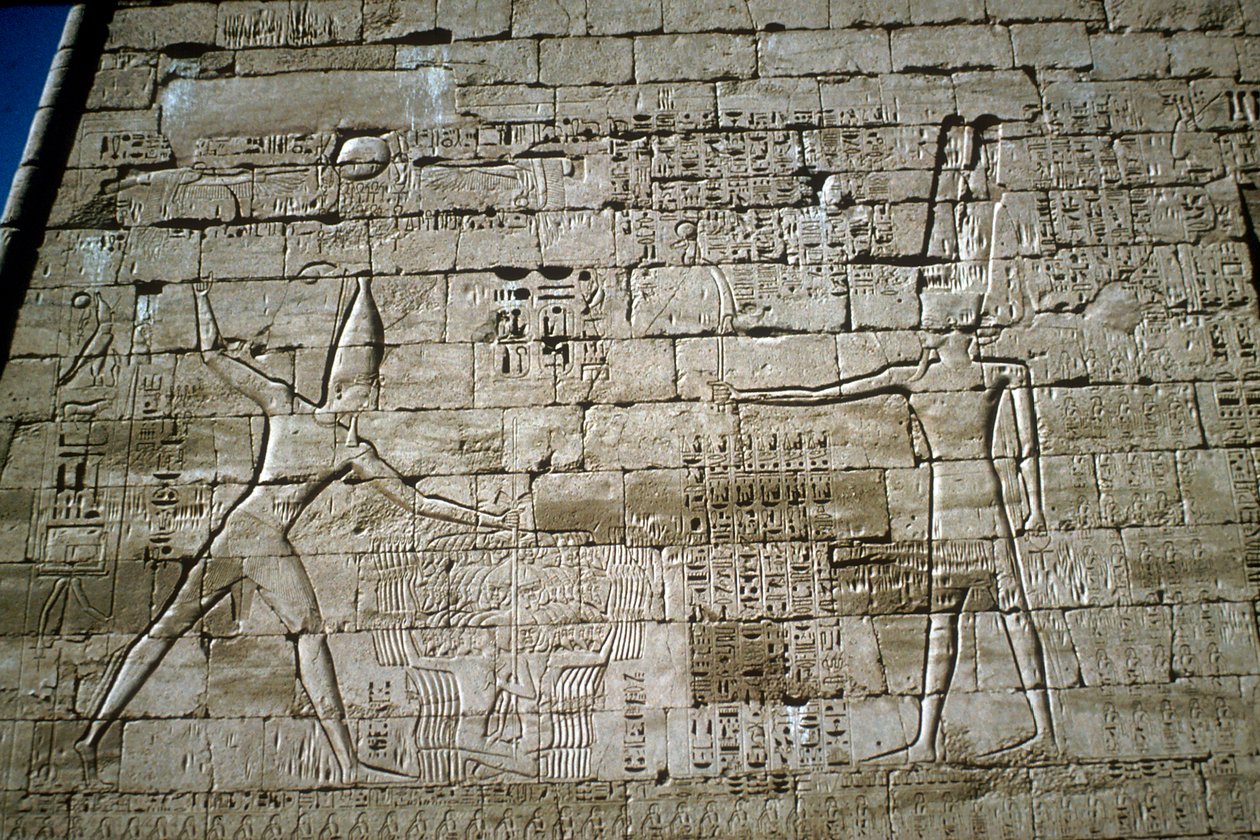 Relief of Rameses III smiting enemies, Mortuary Temple of Rameses III, Medinat Habu, c1200BC   1207190   no       norwegian Successfully Translated  Original: Scene at the Tsurugaoka Hachiman Shrine, from Act One of Chushingura (Treasury of the Forty-seven av Unbekannt