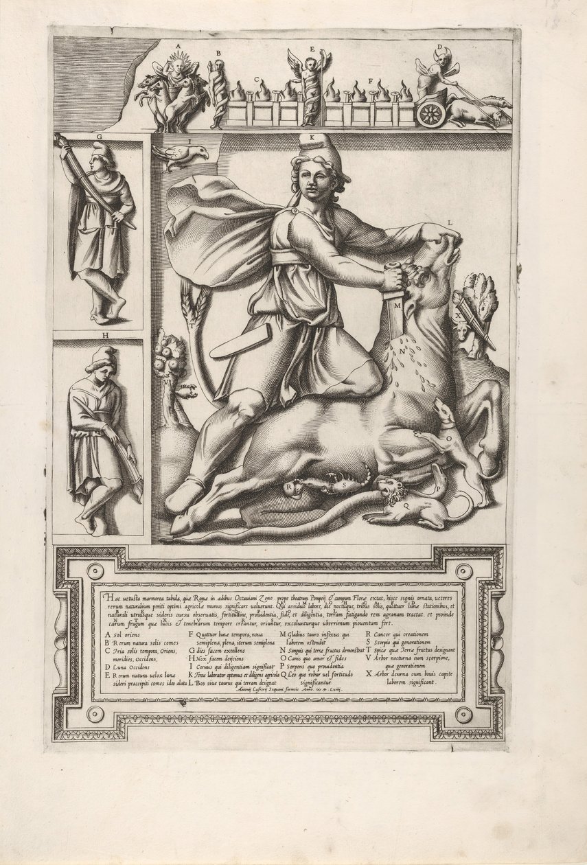 Relieff med Mithras som kneler på en okse og driver et sverd inn i skulderen, til venstre tw..., 1564. av Unbekannt