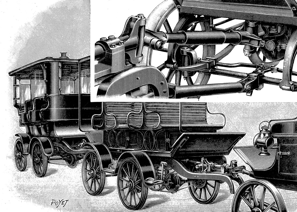 Renards biltog, viser kobling øverst til høyre og et tog med vogner, 1904 av Unbekannt