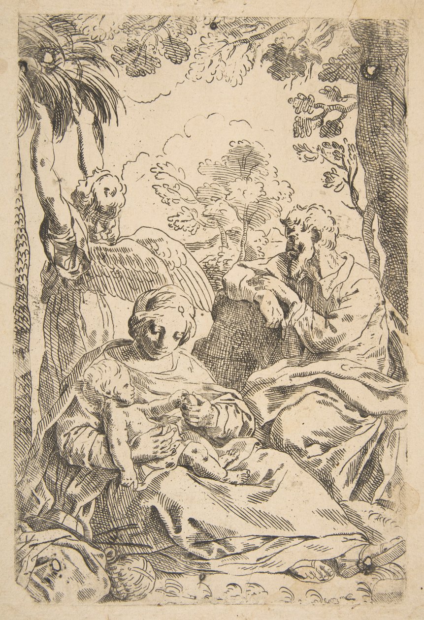 Hvil i Egypt, den hellige familie sitter mens en engel drar i en tregren..., ca. 1637-1639 eller senere. av Unbekannt