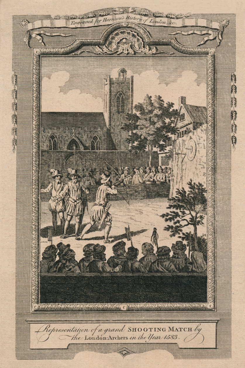 Representasjon av en storslått skytekamp av London Archers i år 1583, 1775. av Unbekannt