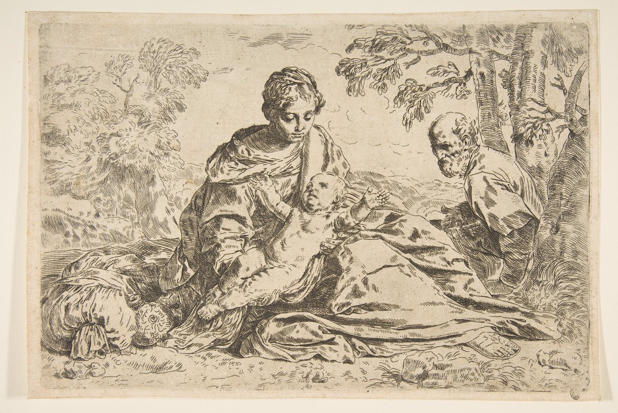 Hvil på flyturen til Egypt, Maria holder spedbarnet Kristus med St. Joseph ..., ca.1640 eller senere. av Unbekannt
