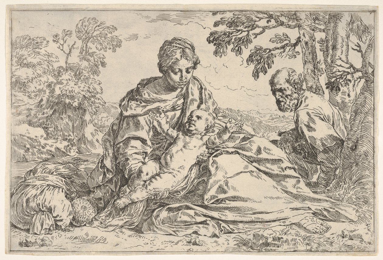 Hvil på flukten inn i Egypt, Maria holder spedbarnet Kristus med St. Josef..., ca. 1640 eller senere. av Unbekannt
