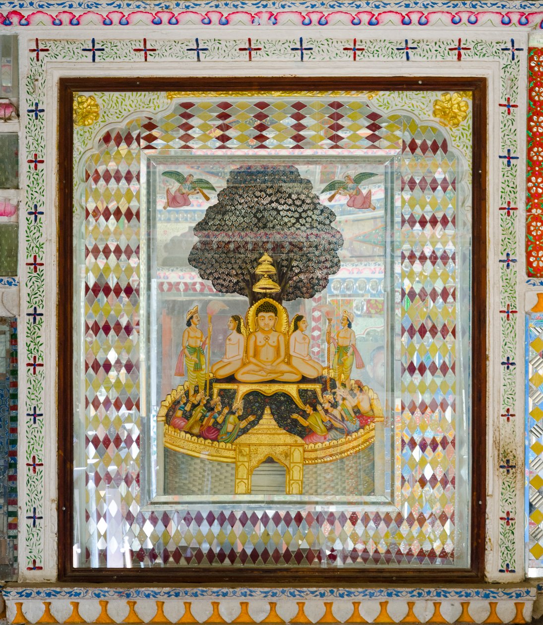 Rikt dekorerte religiøse kunstverk i et rom i Patwon ki Haveli herskapshus fra 1800-tallet, Jaisalmer, Rajasthan, India (bilde) av Unbekannt