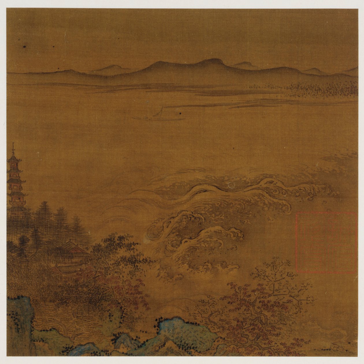 Elvelandskap: en pagode, skummende stryk, fjerne åser, Ming-dynastiet, 1368-1644. av Unbekannt