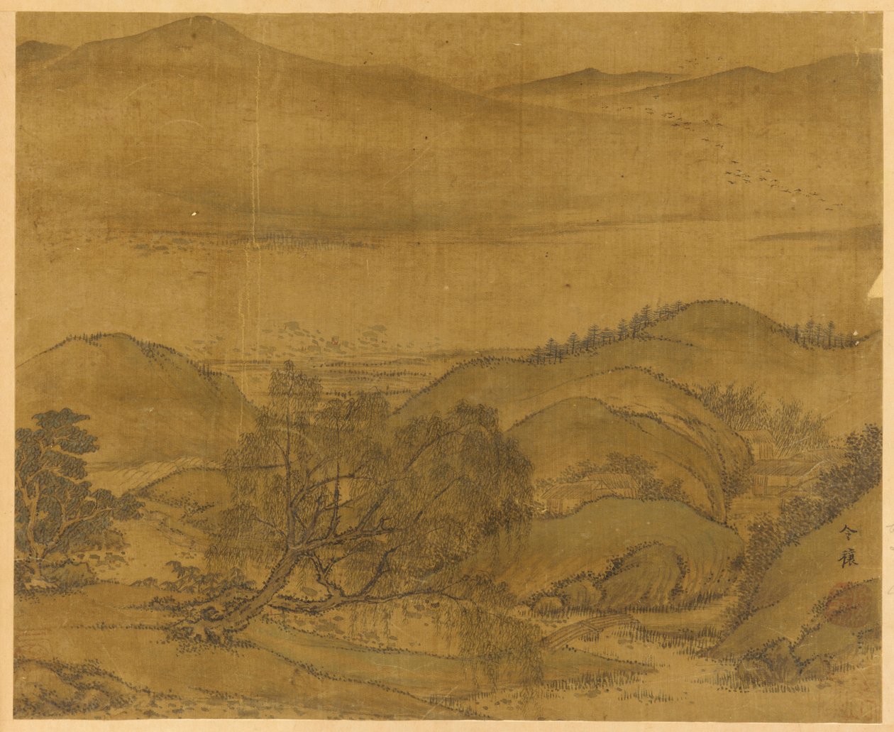 Elvelandskap: en pil og andre trær, bølgende åser..., Yuan- eller Ming-dynastiet, 1279-1644. av Unbekannt