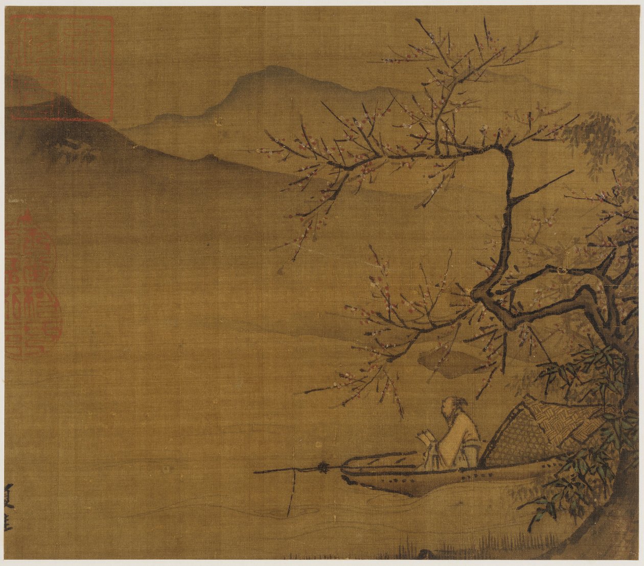 Elvelandskap: en mann som leser i en båt fortøyd under et blomstrende tre, Ming-dynastiet, 1368-1644. av Unbekannt