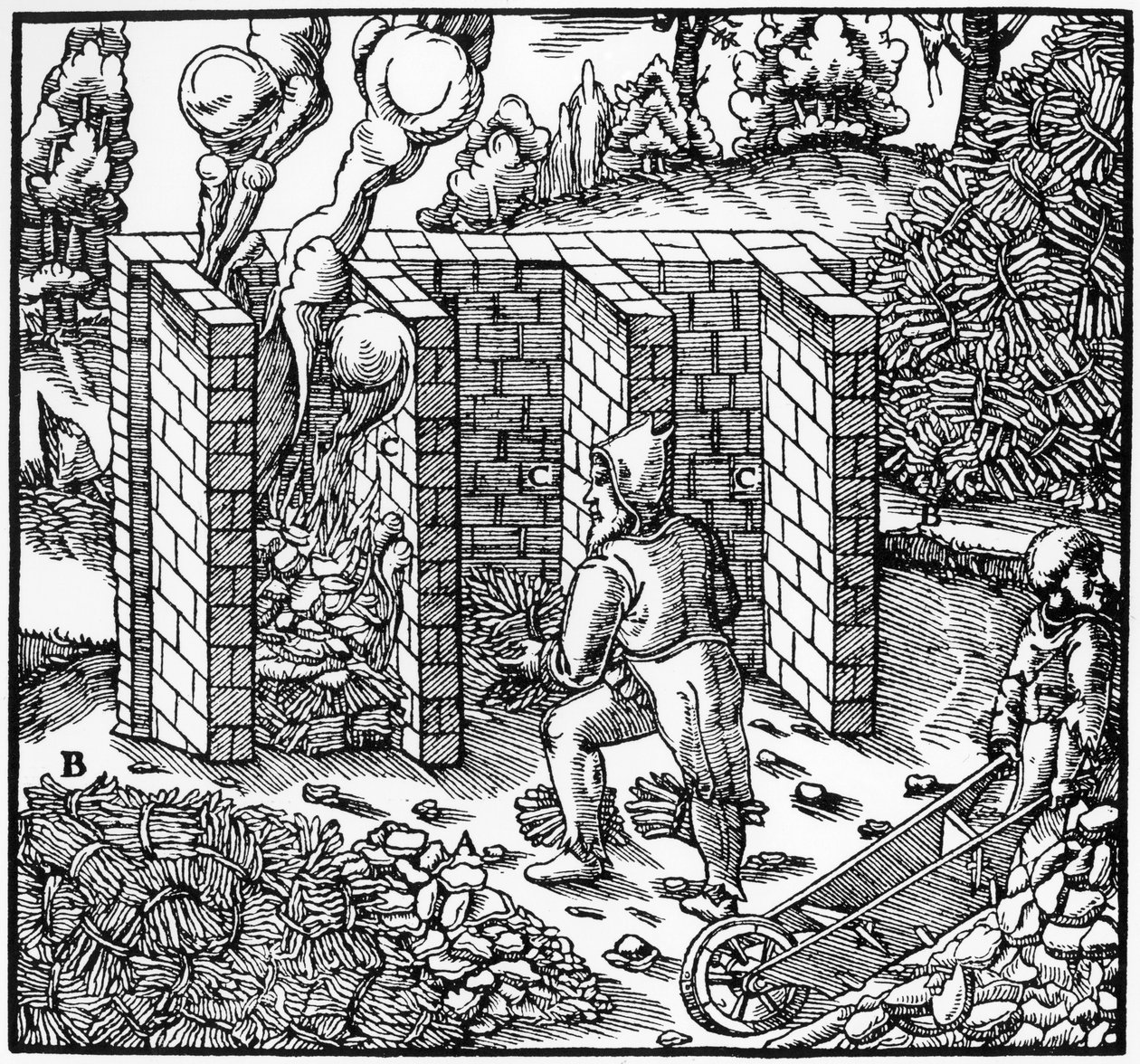 Steking av kobbermalm i en ovn ved C, 1556 av Unbekannt
