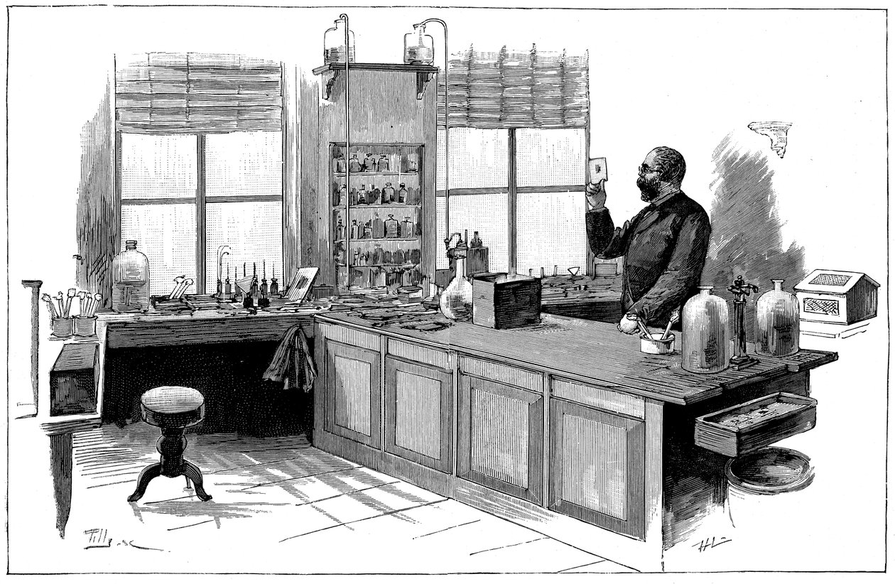 Robert Koch 1843-1910, tysk bakteriolog og lege i laboratoriet hans av Unbekannt