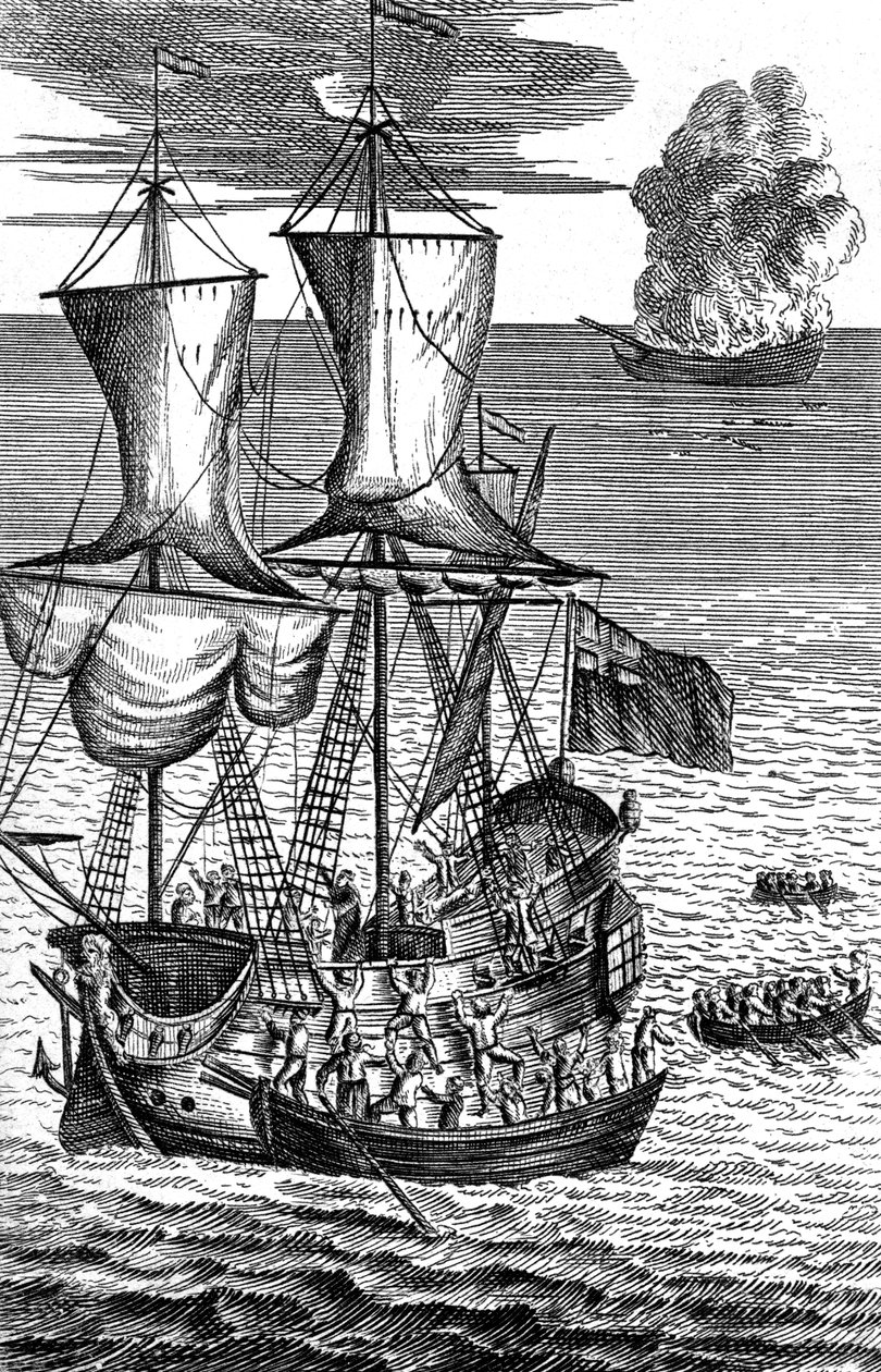 Robinson Crusoe redder mannskapet på et skip i brann til sjøs, c1719 av Unbekannt