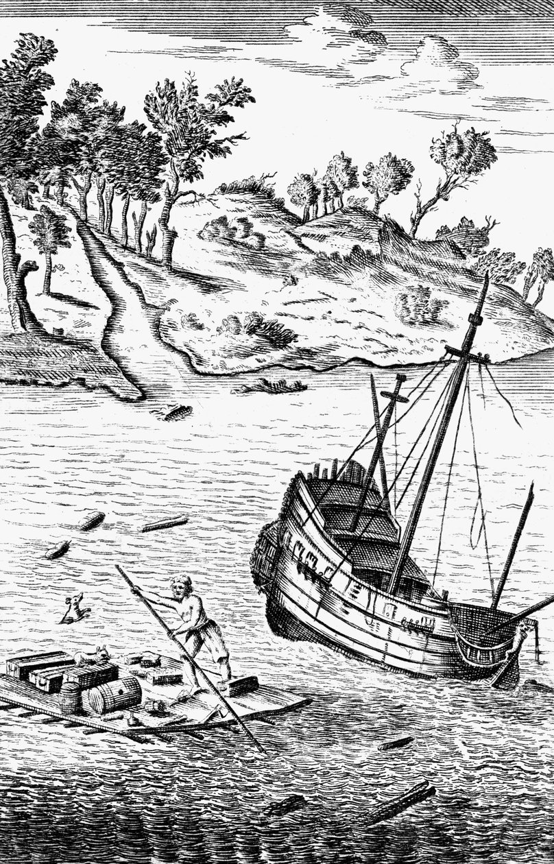Robinson Crusoe Saving His Goods ut av vraket av skipet, c1719 av Unbekannt