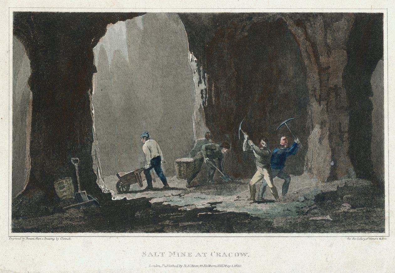 Steinsalt: Gruvearbeidere på jobb i saltgruve nær Krakow, Polen, ca 1820 av Unbekannt