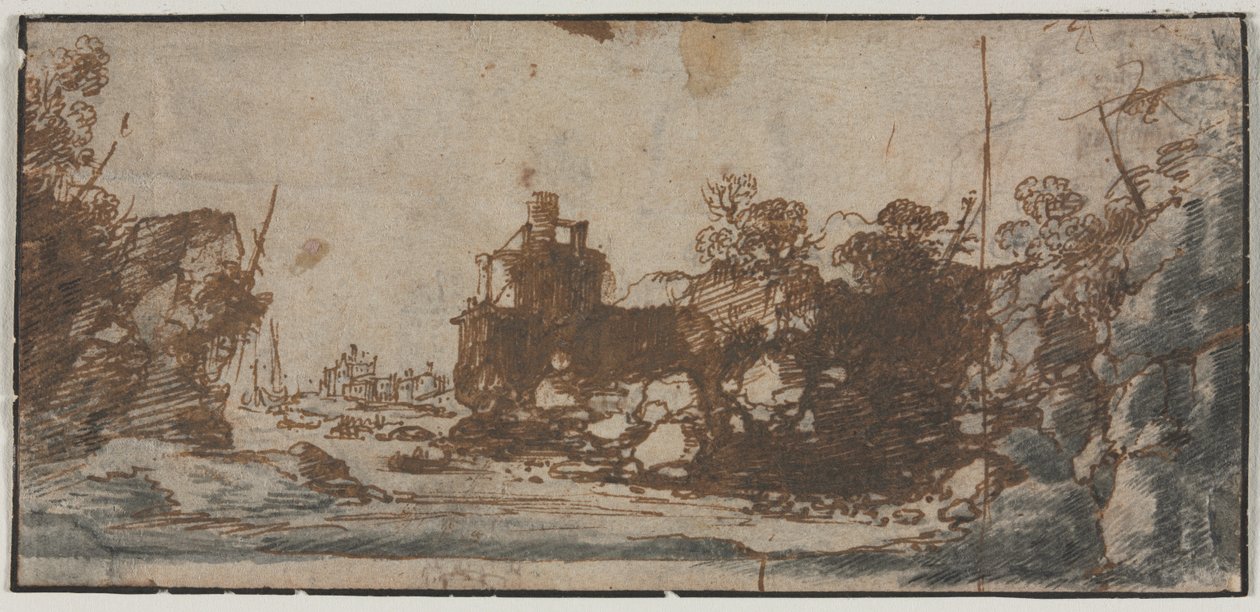 Rocky Inlet med båter og bygninger recto, 1600-tallet. av Unbekannt