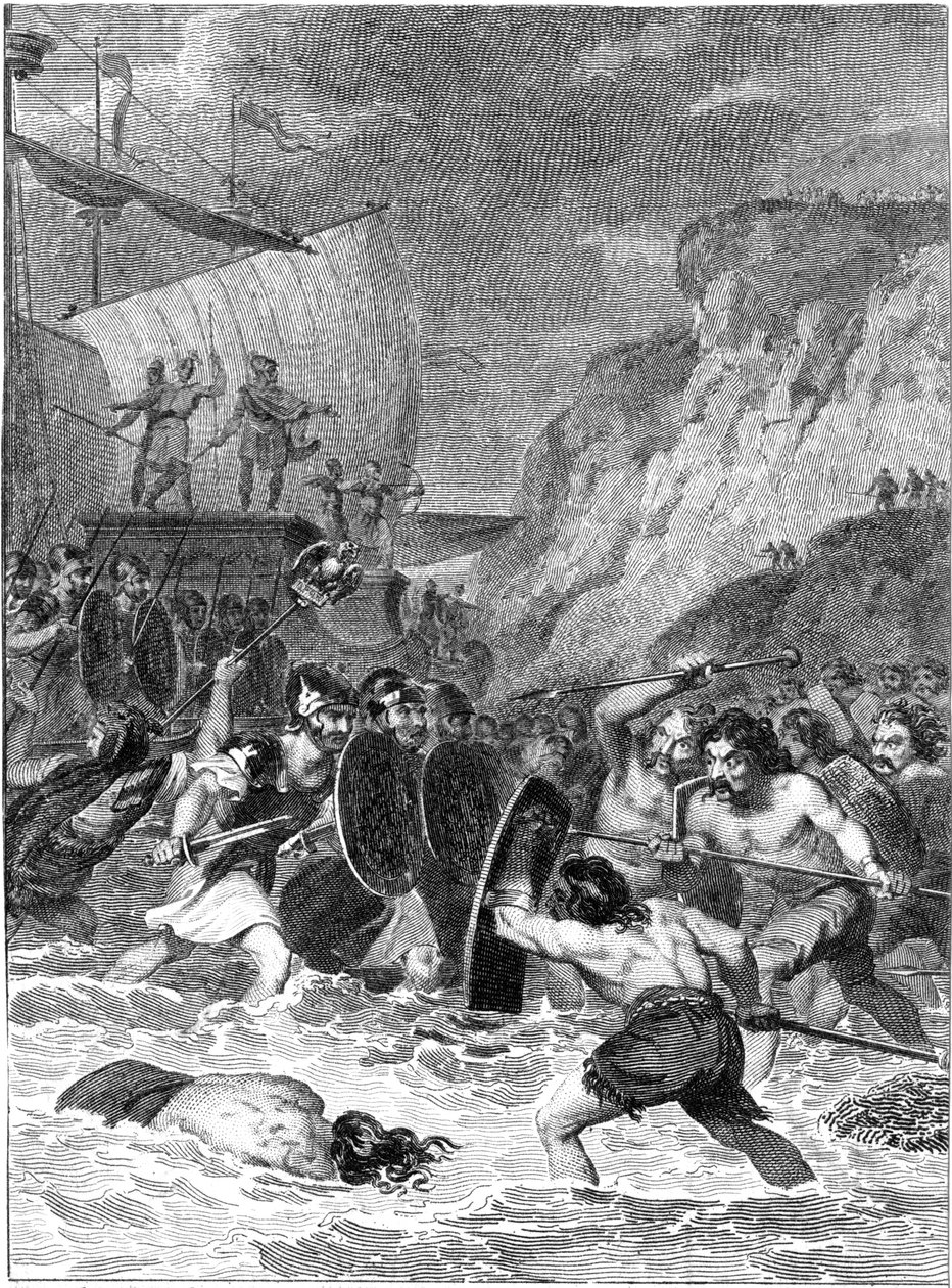 Romersk invasjon av Storbritannia, 55-54 f.Kr. c1820 av Unbekannt