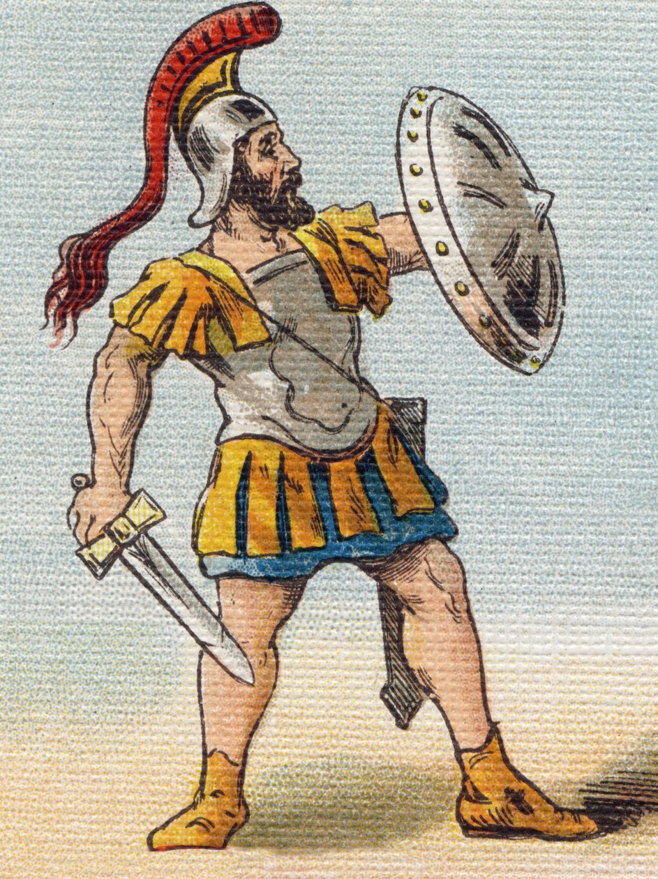 romersk soldat. Gravering i "Alphabet de ma petite fille". Bernardin-Bechet og Fils, bokhandler-forlag, Paris, rundt 1895. Ubrytelig album på lerret. Bibliotheque des Bebes. 12 sider. Album som inneholder en lesemetode og et illustrerende abecedary. av Unbekannt