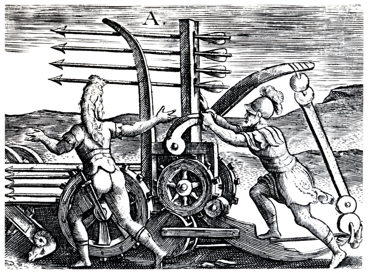 Romerske soldater som bruker en krigsmotor som skyter flere piler, 1605 av Unbekannt