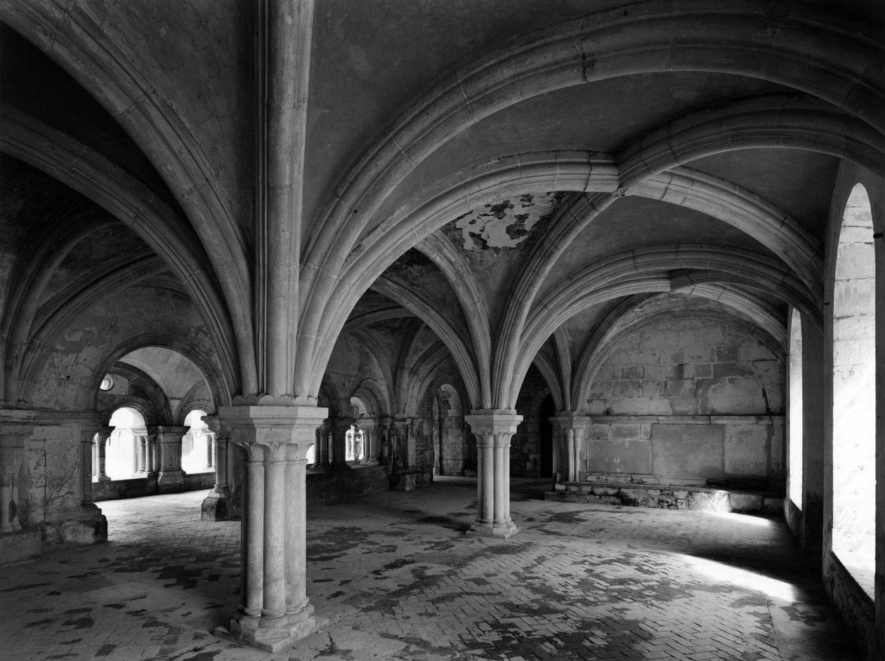 Romansk arkitektur: utsikt over den kapitulære hallen til det cistersiske klosteret Fontenay grunnlagt i 1118 (Cote d