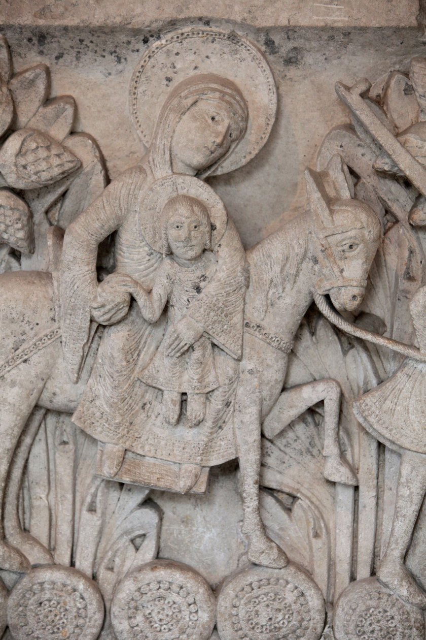 Romansk basrelieff fra hovedstaden ved Autun-katedralen som skildrer flukten til Egypt, Autun, Frankrike av Unbekannt